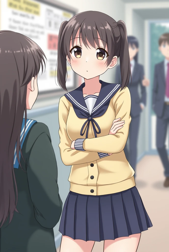 Anime girl with arms crossed in school uniform talking to someone from the front