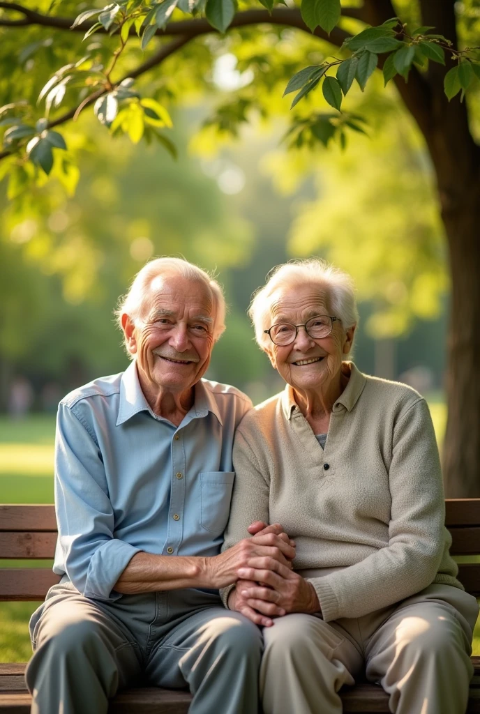 (masterpiece, Best Quality, High resolution: 1.2), (photorealistic: 1.2), (Bright and warm: 1.3), a smiling and happy elderly couple, perfect hands, Captured in a park on a sunny day. They are sitting together on a bench under a leafy tree, surrounded by a green and flourishing landscape. They both look directly at the camera, smiling warmly and showing a deep connection. Sunlight passes through the leaves, creating a soft and warm play of light and shadow in the scene. They hold hands, transmitting love and satisfaction on their faces. The atmosphere is serene and cheerful., with bright colors that highlight the vitality of the moment. The camera captures the scene in sharp focus, highlighting the details of your clothes, the textures of the environment, and the sparkle in his eyes, symbolizing a full and balanced life in old age.