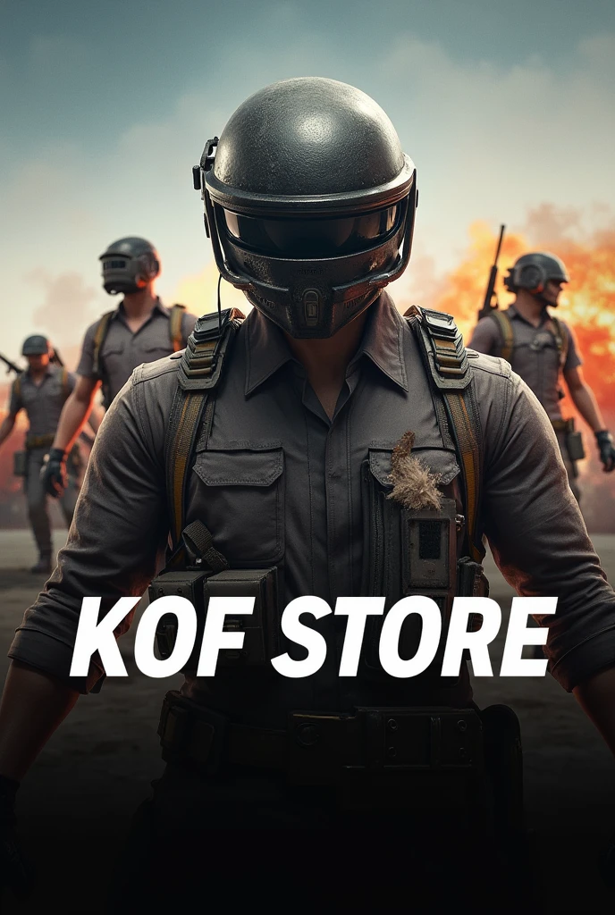 I want pubg picture squad man or women and text below KOF STORE where is text good now front of pubg man who wear helmet