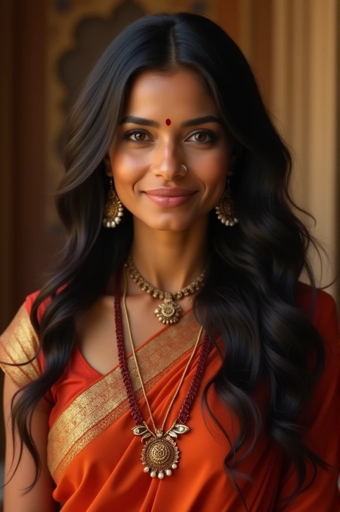 Indian woman, forehead, married, mangalsutra, long hair, saree, thick, 35 yo