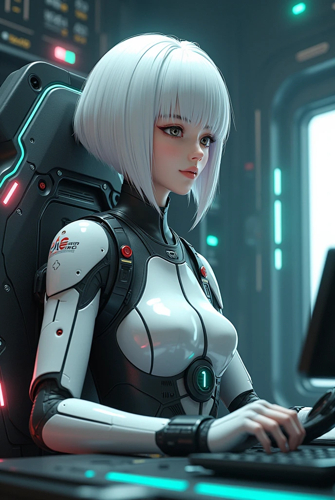 character reference, guy, Japanese guy, white bob hair, straight cut bangs, robot pilot.