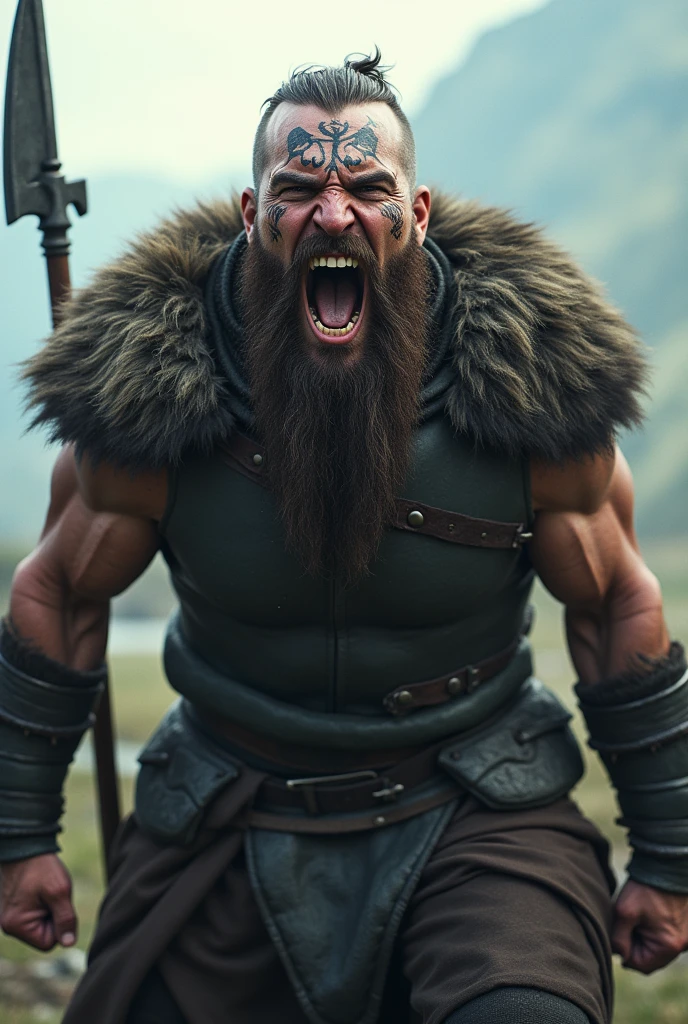 Realistic Viking warrior screaming with teeth bared with a Norse tattoo around his eye and with his eyes open 