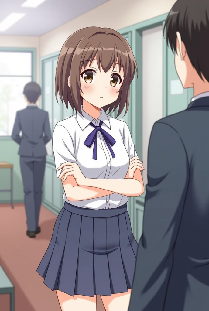 Anime girl with arms crossed in school uniform talking to someone from the front
