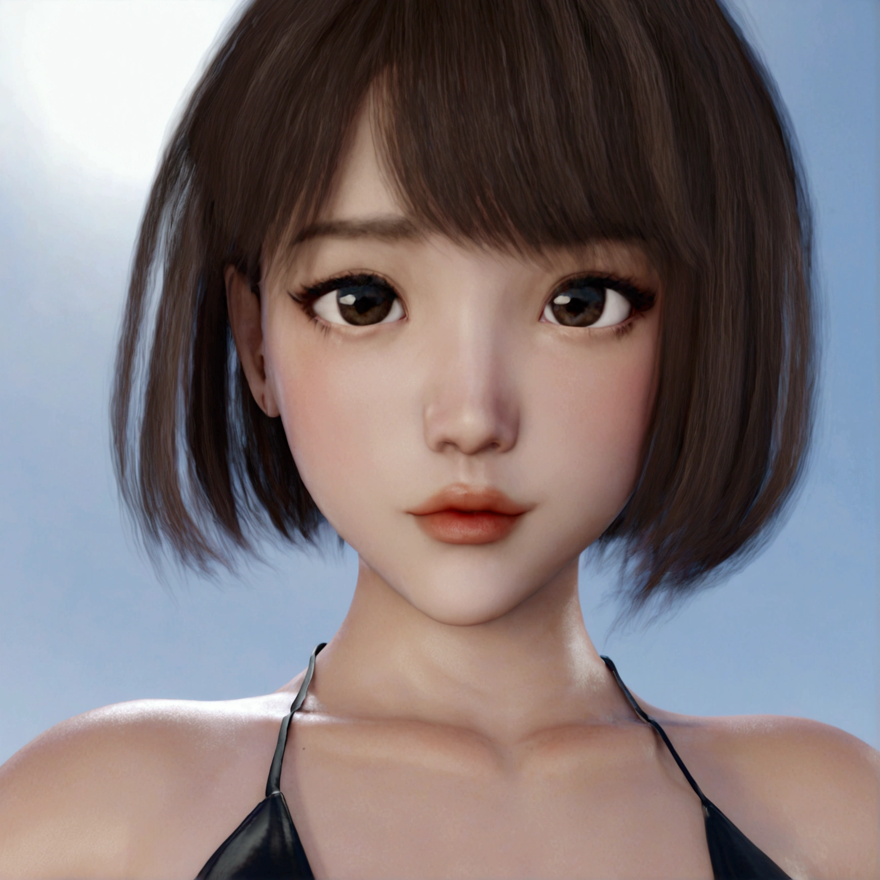 A cute girl with the delicate body, she has dark brown eyes, She wears a very short and sensual black bikini, she is delicate, her short hair is cut above her ears and slightly messy. The background of the image is dark. The girl strikes provocative poses for the camera. 3D Animation Style