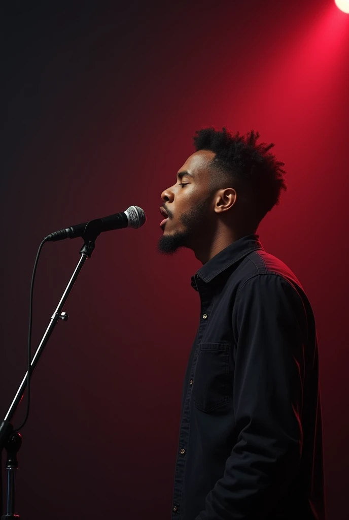 Jeune et beau noir, de 24 ans . artiste musicien , une coiffure tapers dégradé, le micro de face qui chante avec passion  ,une chanson pour sa bien aimée 