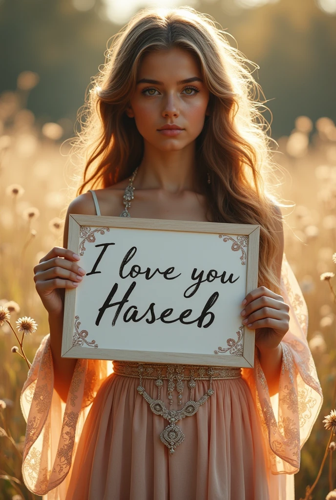 Beautiful girl with wavy long hair, bohemian dress, holding a white board with text i love you haseeb and showing it to the viewer