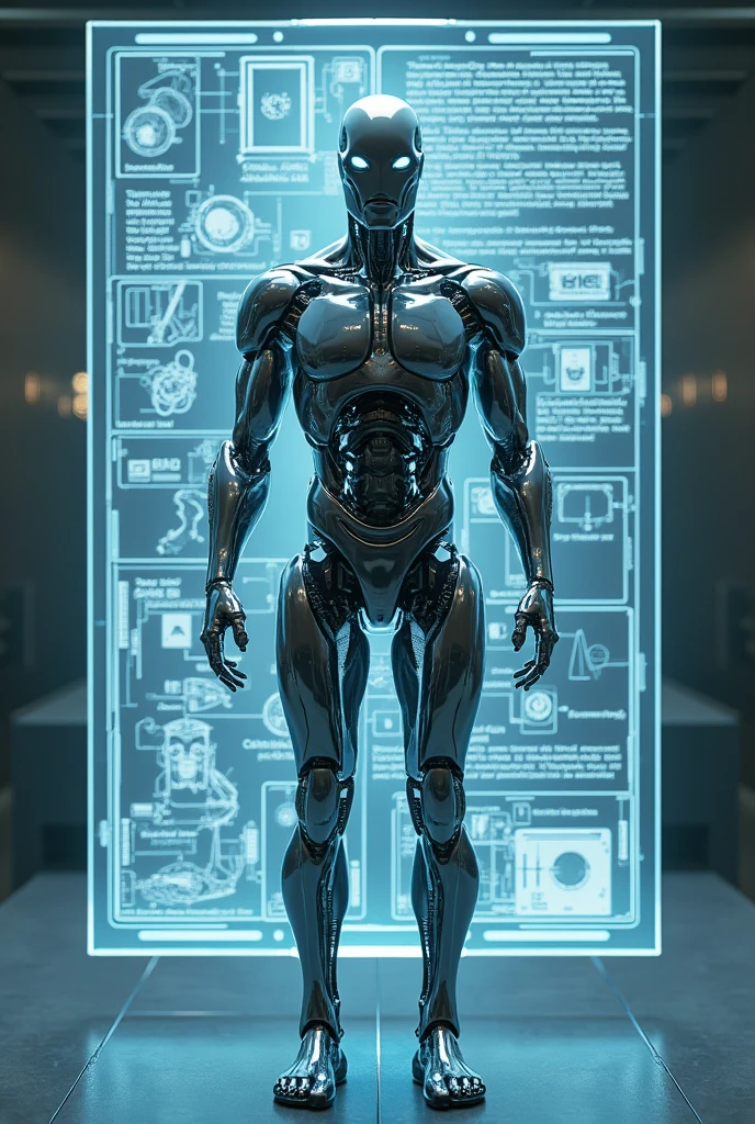 (masterpiece:1.2,Exceptional Quality,mirror-like,Cinematic Experience,Photorealistic:2.0,RAW Photos:2.0,Super detailed),8k,wallpaper,(Representing full body blueprints through holograms:2.0),(translucent Terminator:2.0),male Cyborg,(Design of a TERMINATOR Cyborg:2.0),(Draw the front view:2.0),(Avant-garde design:2.0),(Drawing detailed blueprints:2.0),(Numerous notes about the settings:2.0)