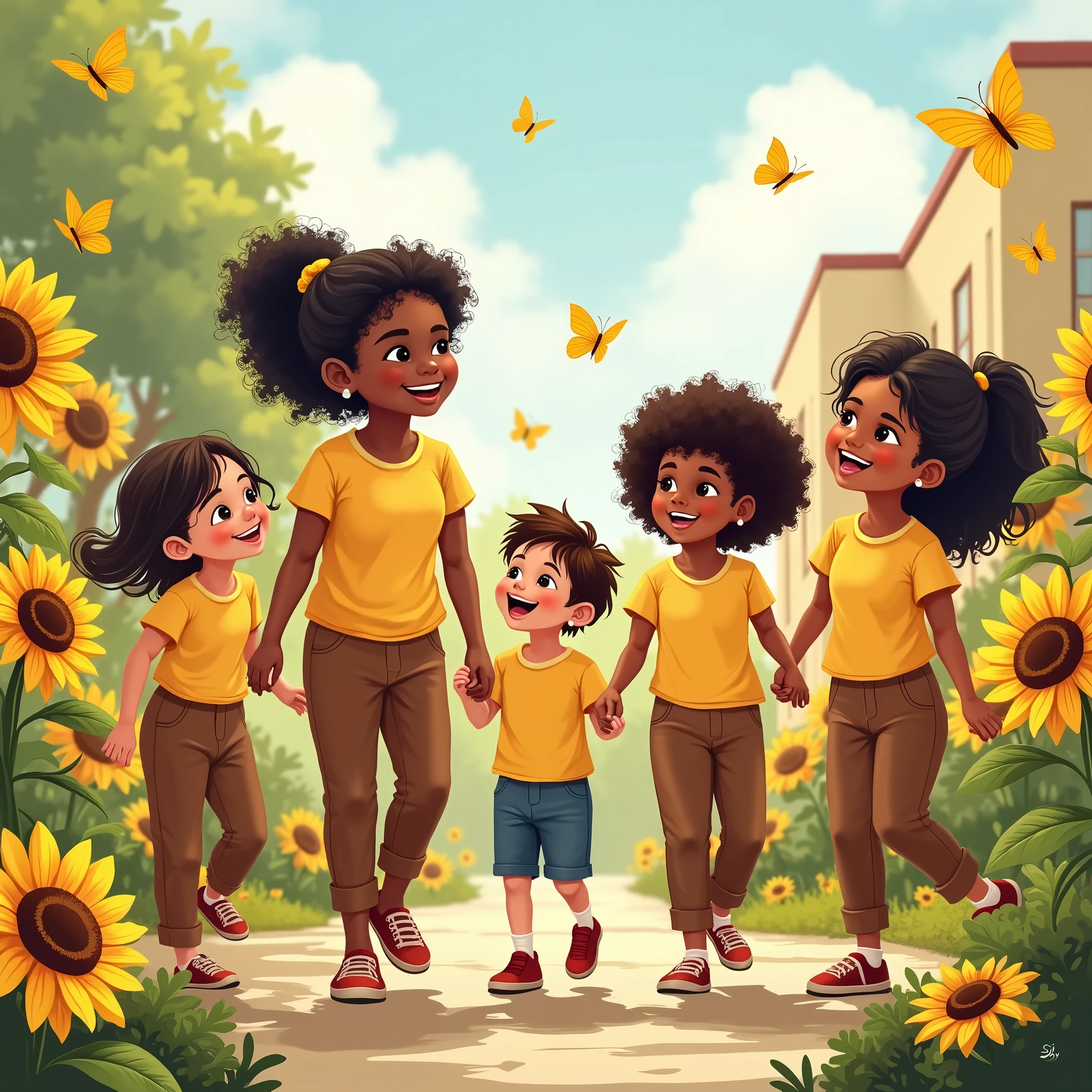vectors, sunflowers, white girls, Dominican children, medium and small, long brown pants, yellow shirt, school, yellow butterflies