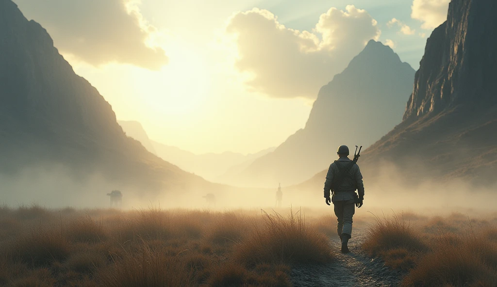 "Design an image of a vast, desolate landscape with a single soldier walking away toward the horizon. The atmosphere is peaceful, with a soft mist covering the ground. The sky is partly cloudy, with rays of sunlight breaking through, symbolizing the end of a long battle and the beginning of a new phase."