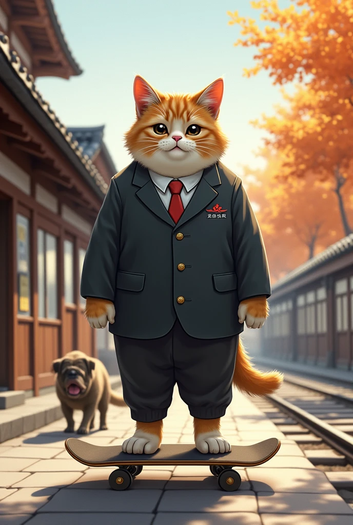 Cat,Are standing,Skateboarding,Hokkaido,Autumn Station,Wooden house,platform, Cape,Nguyen Nghia,suit,tie,花Cat,Stupid dog,肌肉发达的雄Cat, (Delicate face), (High-quality fluffy fur)