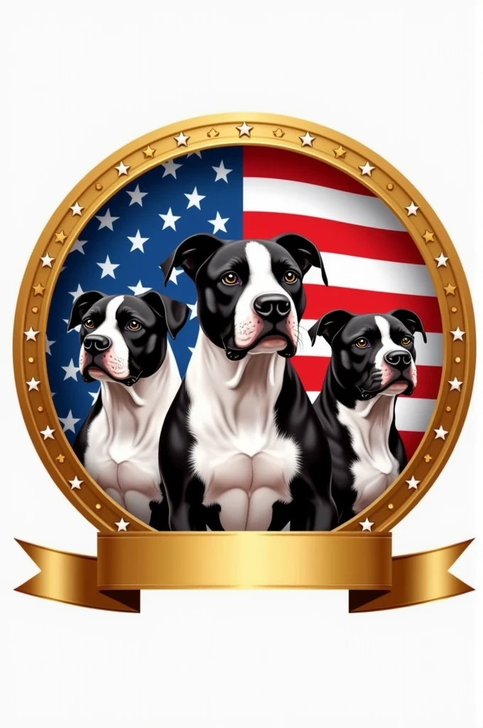 Logo 3 sztuki American staffordshire terrier, na tle flagi USA , w złotym okregu zdobiony gwiazdami złotymi , pod spodem złota szarfa