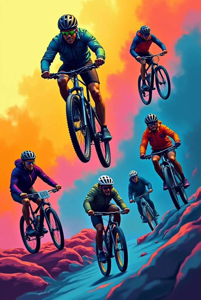 Create an image with a gradient background With drawings of mountain bikes, SPORT and messengers