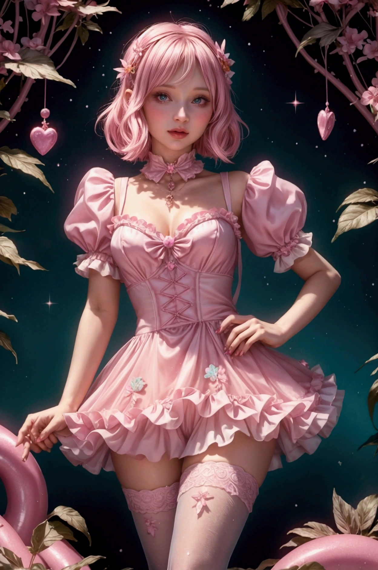  In the Candyland world, Emily Browning strides forth in a captivating and colorful Micro Chain Lolita outfit. Every piece of her attire pays homage to the vibrant sweetness of the surroundings. The top is adorned with tiny candy charms that glisten in the light, providing a sparkling contrast to the vivid hues of the fabric. The short skirt is embellished with playful ruffles and colorful bows that sway lightly with each movement.

Her transparent stockings shimmer in pastel colors and are adorned with delicate lace, revealing a tantalizing silhouette of her legs. Every step she takes leaves a trace of magic in the air as she wanders through the candy-coated landscape of Candyland.

Emily's appearance exudes a graceful sensuality that ignites the imagination and captivates the inhabitants of Candyland. With every glance and gesture, she embodies the pure joy and sweet delight of this enchanting world. Emily Browning is a heart candygirl,nsfw,very erotic, femdom, Fetish, latex pastell coloured, very detailed background, land of candies, 8k photo