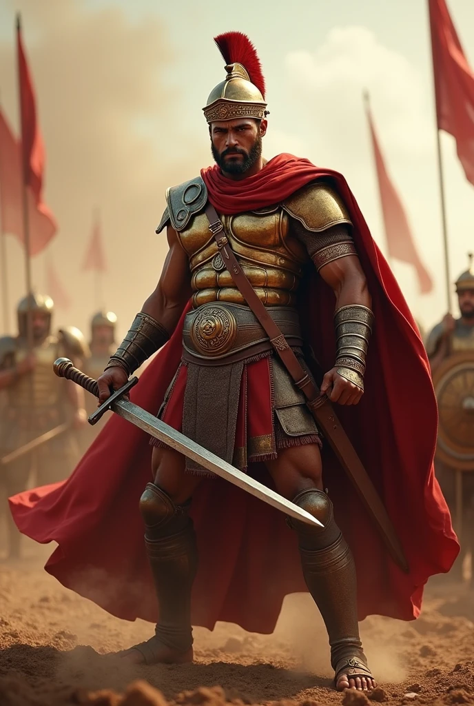 ((masterpiece, highest quality, Highest image quality, High resolution, Raw photo, 8K)), ((Extremely detailed CG unified 8k wallpaper)), (huge stunning warrior shot, full body, musclural body beauty:1.4), Posing for the camera, In a warrior fighting stance, a stern look, in a ready stance, Armor: Scipio is clad in his bronze cuirass, which glints in the sunlight, adorned with symbols of his past victories. His red cloak flows behind him as he moves, marking him as a general even in the heat of battle.
Expression: His face is focused and determined, with a furrowed brow and intense eyes that scan the battlefield for threats and opportunities.

Pose and Action:

Stance: Scipio is in the midst of battle, standing firm with a wide, balanced stance, his body slightly crouched to absorb the impact of combat.
Right Hand: He grips his sword tightly, mid-swing, as he strikes down an approaching enemy with precision and force. The sword gleams as it cuts through the air, a blur of lethal motion.
Left Hand: His left hand is held out for balance, or possibly holding a shield that deflects an enemy blow, showing his skill in both offense and defense.
Backdrop: Around him, the chaos of battle unfolds—fallen soldiers, the clash of weapons, and the dust kicked up by the fray. Behind him, Roman standards (flags) wave, representing the strength and unity of his legions., photorealistic, 16k, 8k, 4K, award winning