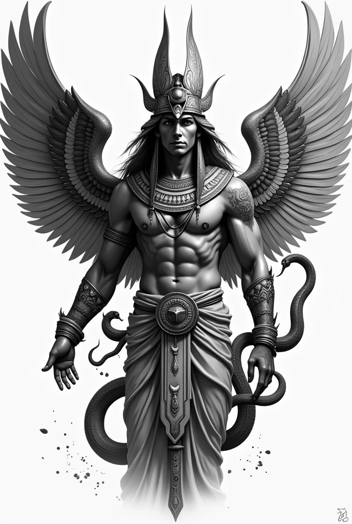 Black and white forearm tattoo with male angelic figure, warrior, dressed as Egyptian gods with serpents at their command