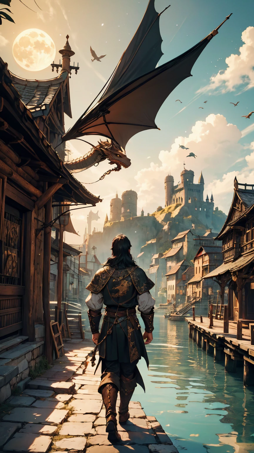 A guy with long black hair wearing black adventure clothes with dragon horns, walking along the a dock on a port next to the city in a medieval fantasy theme. (best quality, 4k, highres, masterpiece:1.2), ultra-detailed, (realistic:1.37) Additional details: He has a silver necklace with a small ruby pendant. Her black clothes are adorned with intricate golden embroidery and metal buckles. The dock is filled with old wooden ships and barrels, with dragons flying overhead. The city's walls and palace can be seen in the distance, against a backdrop of lush green mountains. (medieval, fantasy-themed:1.2) Color palette: Deep and rich pastel tones, with accents of gold and brown. (rich, timber colors) Lighting: Moonlight  streaming through the clouds, casting long shadows on the cobblestone road. (moon, night time, dramatic shadows)