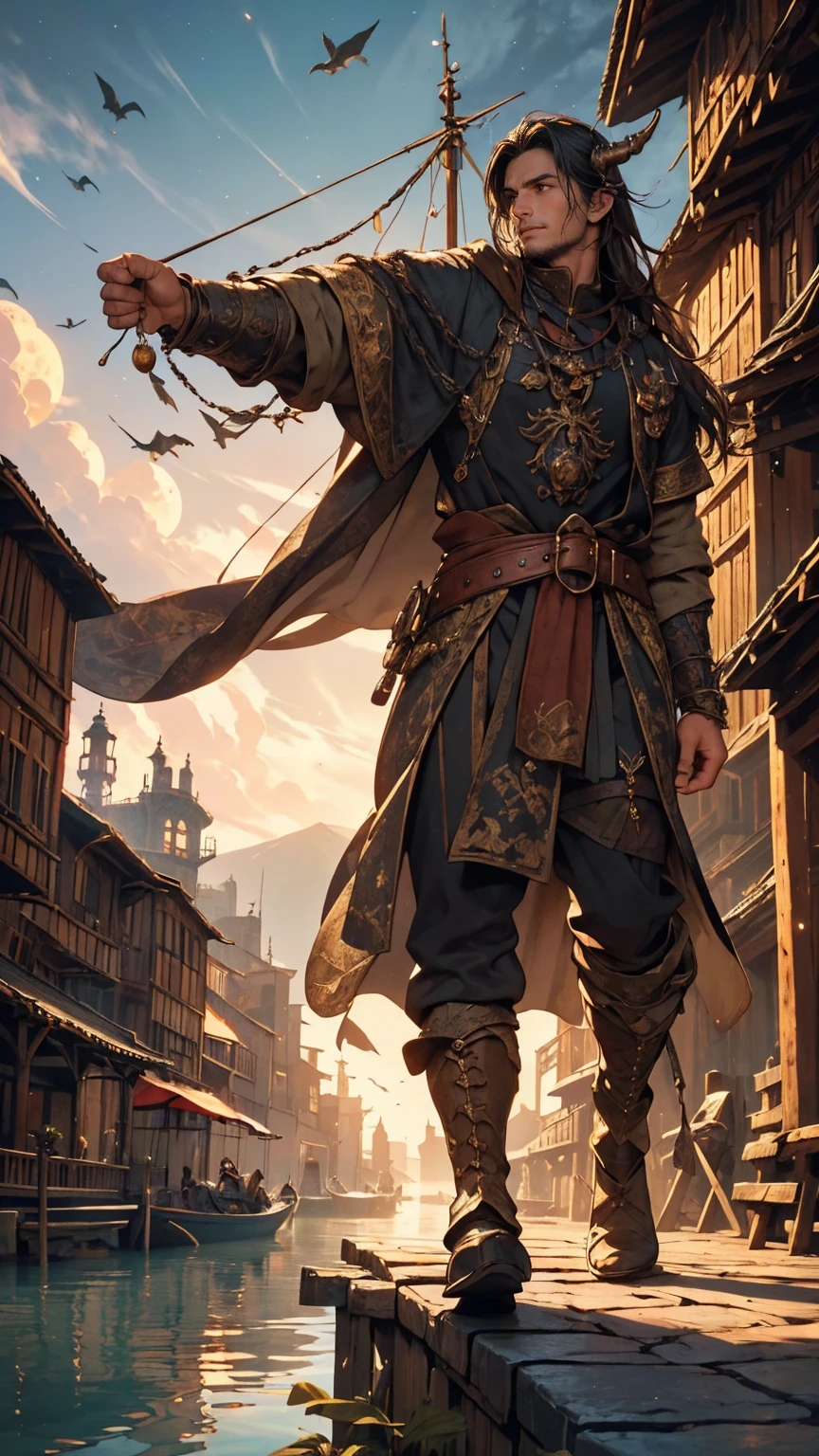 A guy with long black hair wearing black adventure clothes with dragon horns, walking along the a dock on a port next to the city in a medieval fantasy theme. (best quality, 4k, highres, masterpiece:1.2), ultra-detailed, (realistic:1.37) Additional details: He has a silver necklace with a small ruby pendant. Her black clothes are adorned with intricate golden embroidery and metal buckles. The dock is filled with old wooden ships and barrels, with dragons flying overhead. The city's walls and palace can be seen in the distance, against a backdrop of lush green mountains. (medieval, fantasy-themed:1.2) Color palette: Deep and rich pastel tones, with accents of gold and brown. (rich, timber colors) Lighting: Moonlight streaming through the clouds, casting long shadows on the cobblestone road. (moon, night time, dramatic shadows)