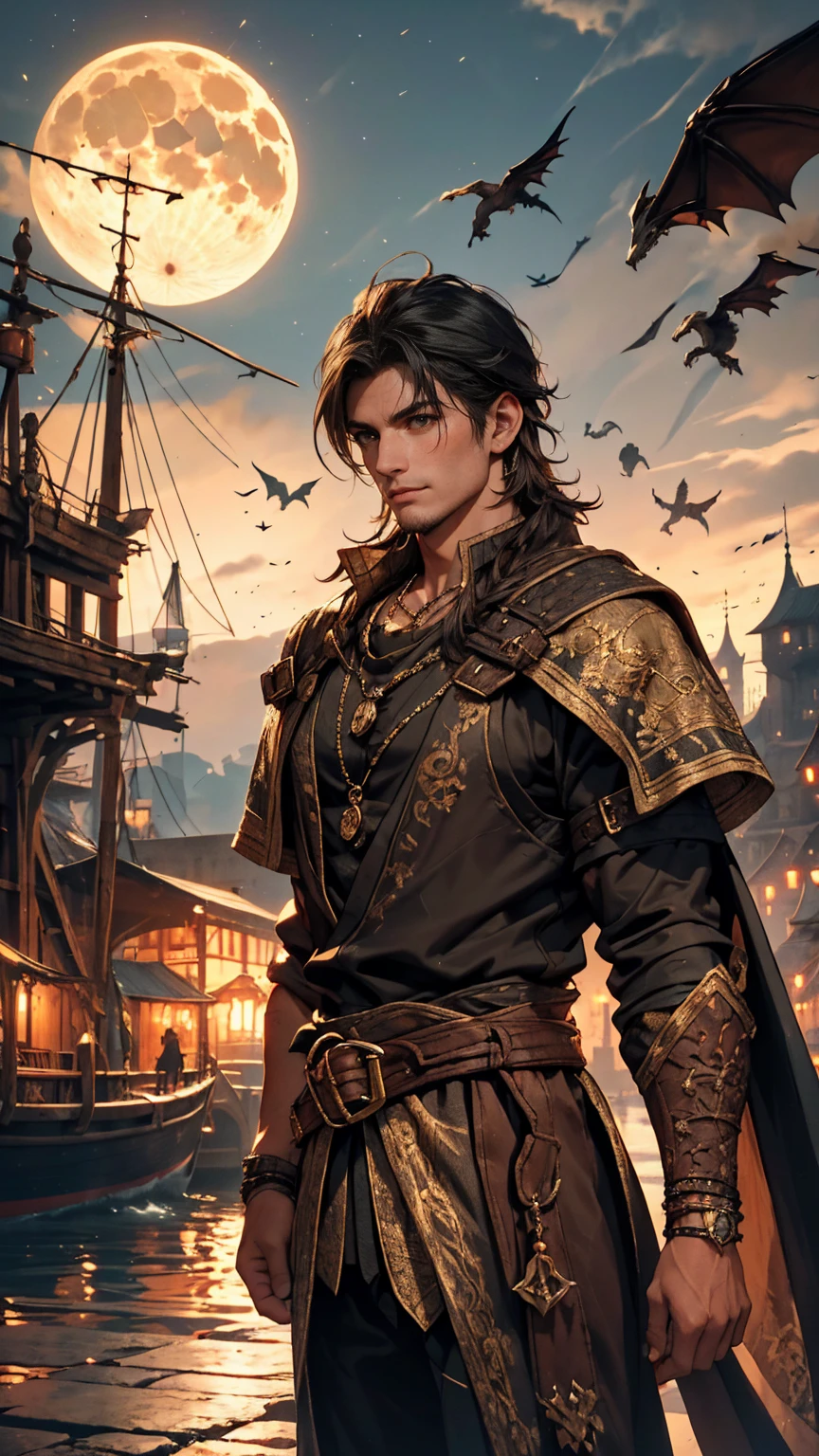 A guy with long black hair wearing black adventure clothes with dragon horns, walking along the a dock on a port next to the city in a medieval fantasy theme. (best quality, 4k, highres, masterpiece:1.2), ultra-detailed, (realistic:1.37) Additional details: He has a silver necklace with a small ruby pendant. Her black clothes are adorned with intricate golden embroidery and metal buckles. The dock is filled with old wooden ships and barrels, with dragons flying overhead. The city's walls and palace can be seen in the distance, against a backdrop of lush green mountains. (medieval, fantasy-themed:1.2) Color palette: Deep and rich pastel tones, with accents of gold and brown. (rich, timber colors) Lighting: Moonlight  streaming through the clouds, casting long shadows on the cobblestone road. (moon, night time, dramatic shadows)