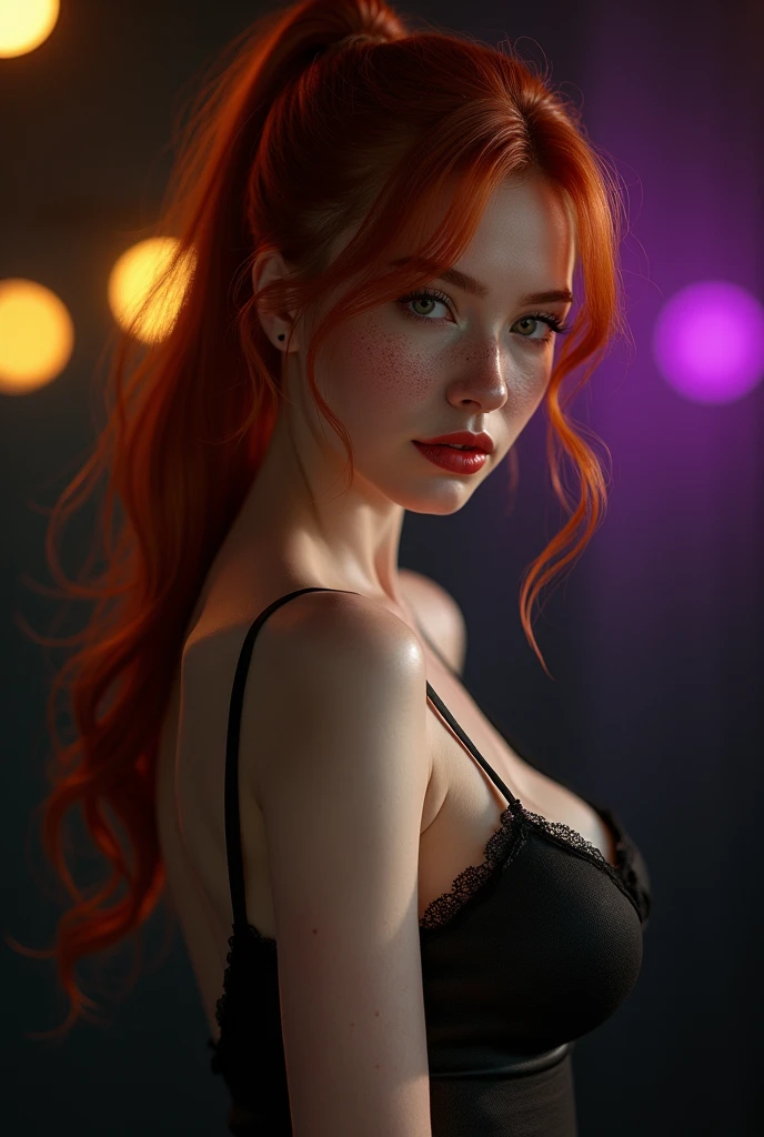 (8k, CRU photo, highest quallity),(spectacular realistic:1.5), Kizi, Dynamic posture,erotic face,chemise,(be familiar with eyes:0.8),(Look to the camera:1.4), (highest quallity), (best shade),details Intricate,cinematic,((Skinned:1.4)),hinterland, (red hair with long ponytail:1.3),dark studio,(HDR:1.5),be familiar with, calm colors, freckles, yellow and purple lights in the background