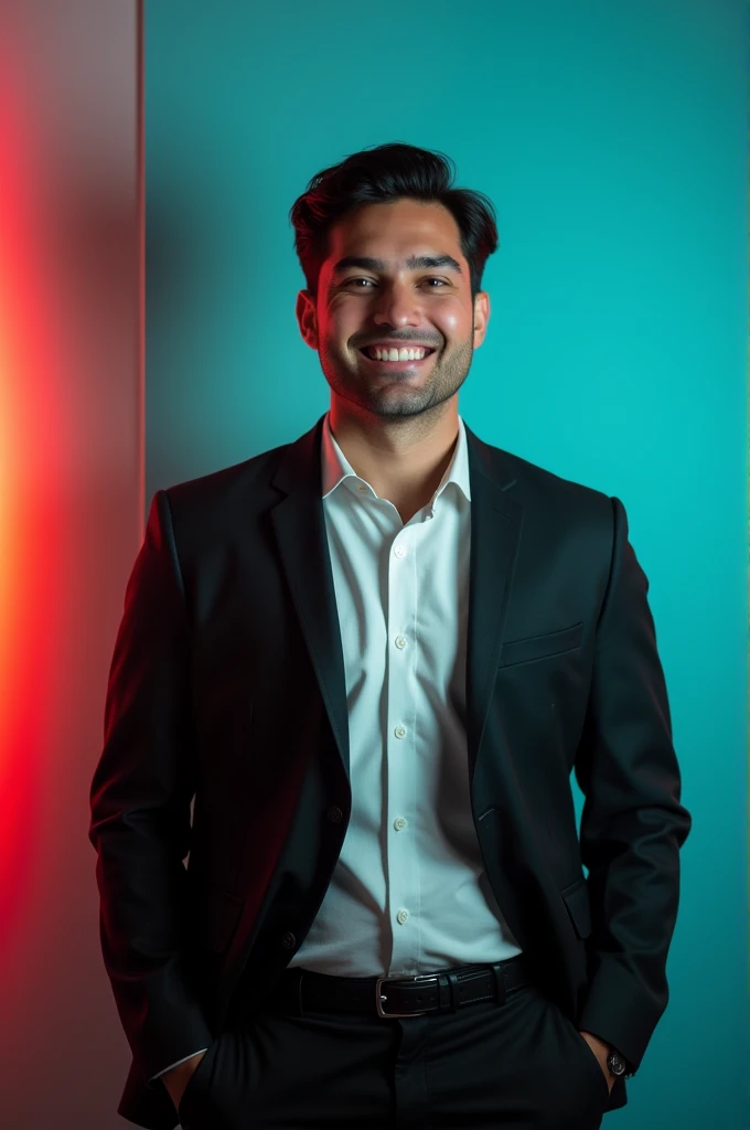A young man with dark hair anda confident smile.
He is dressed in a black blazer over a white shirt.
The man is positioned against aqua colour
backdrop with a subtle red lighting on the left
side. and he posing for Linkedin profile