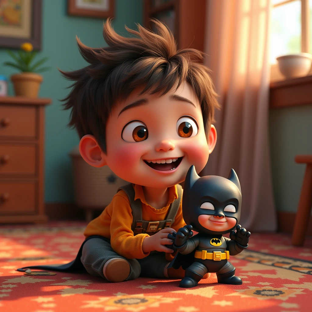 Image type: Pixar cartoon of a  boy, short brown hair, big cage eyes, Expression of a happy and friendly child. The boy plays with a toy batman 