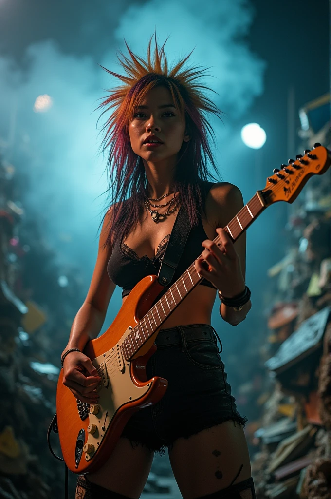 front view of Young sexy malay women in bikini with long spiky colorful punk hair singing rock song and playing electric guitar in waste disposal site, a lot of waste material in background, night, serious face, medium sagging breast, slim abs, wide hips, thick thighs, nighttime, in school of rock movie style, hyper - realistic photography, dramatic effect, a lot of smoke effect in background, depth of field cinematography effect, dark color grading, full body, 8k, close - up shot, extreme close - up photo