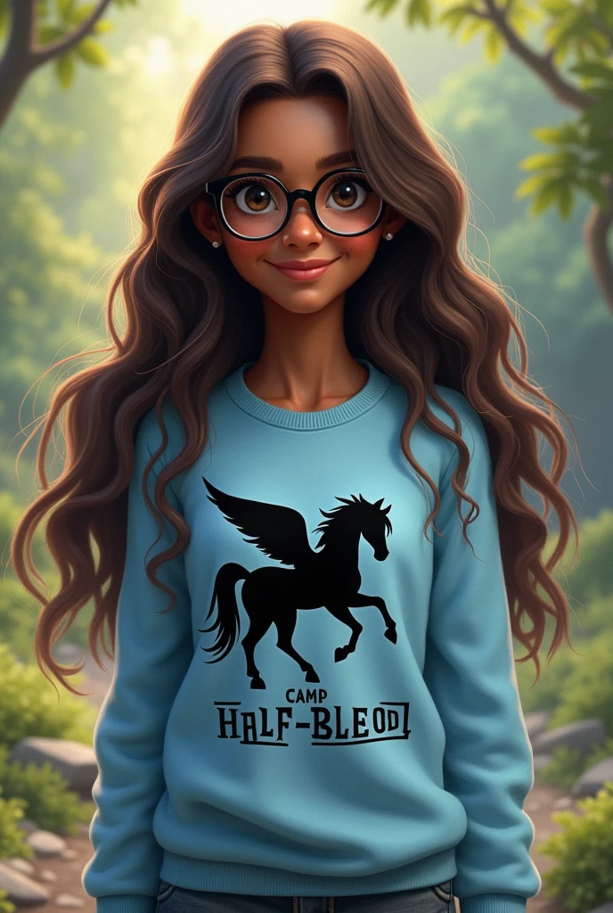 Dark skinned girl with long brown hair and glasses wearing a light blue sweater that has a black pegasus on it that says Camp Half-Blood