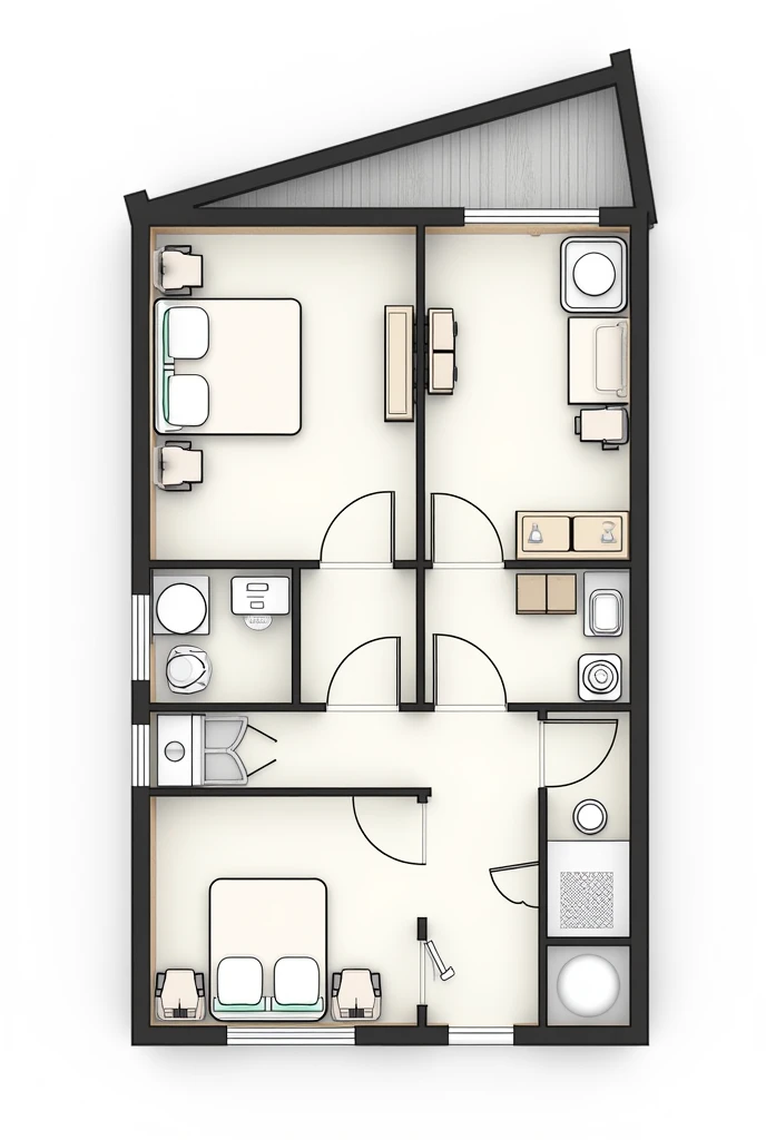Plan of a 70m2 house , with three small rooms, kitchen ,dining room, bathroom and living room