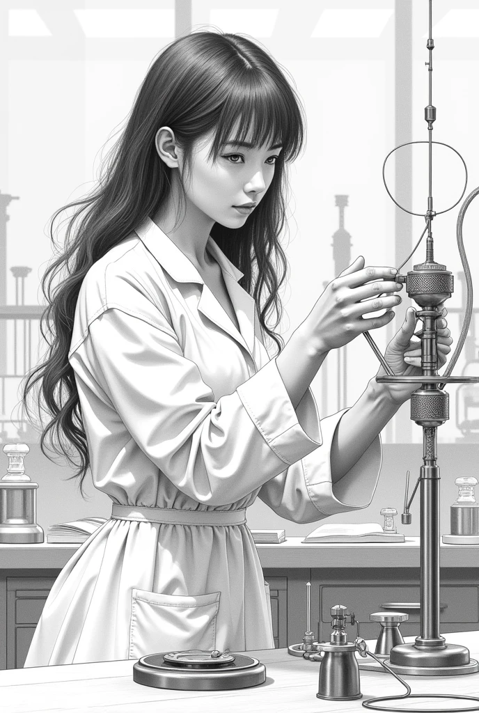 Physics lab with a girl dressed in a white apron or coat, Building a Van de Graaff Generator, drawn with black pencil