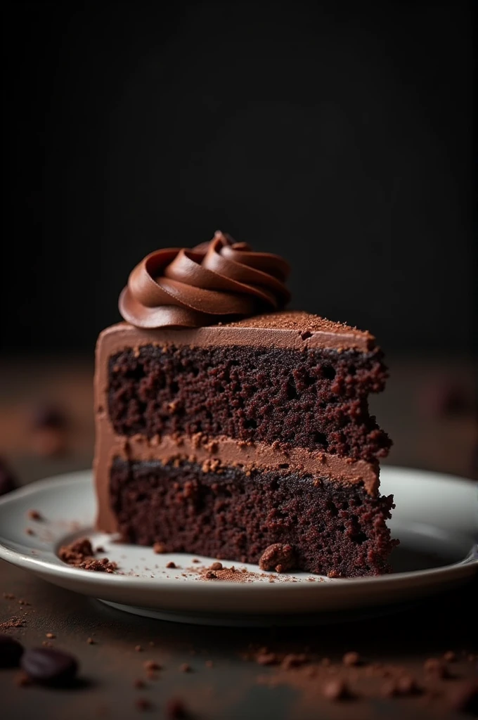 cinematic film still chocolate, chocolate cake, dark background, quality photo, moist texture, frosting, studio photo, slice . shallow depth of field, vignette, highly detailed, high budget, bokeh, cinemascope, moody, epic, gorgeous, film grain, grainy