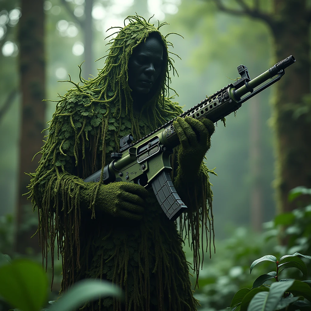 create a character from Maranhão folklore called Bicho Terra. imagine a being with a wild and imposing appearance, with no face. He wears a green camouflage that covers his entire body., blending perfectly with the vegetation around it. Camouflage is made of leaves, branches and vines, providing an almost supernatural appearance. In the hands, he holds a camouflaged AWM sniper, that integrates with your look, with details reminiscent of the dense forest of Maranhão. The backdrop should be a lush tropical forest., with tall trees and dense vegetation, highlighting the stealthy and mysterious character of the Bicho Terra..