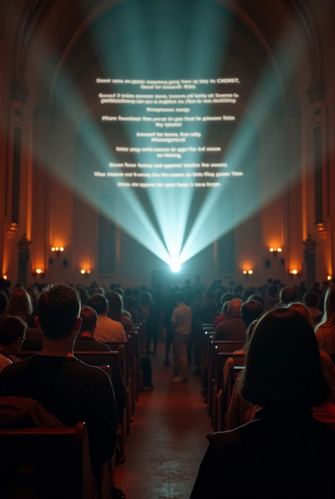 a square photo showing a projector in the spotlight that shows the lyrics of the songs that are sung there in a place where people gather like a church