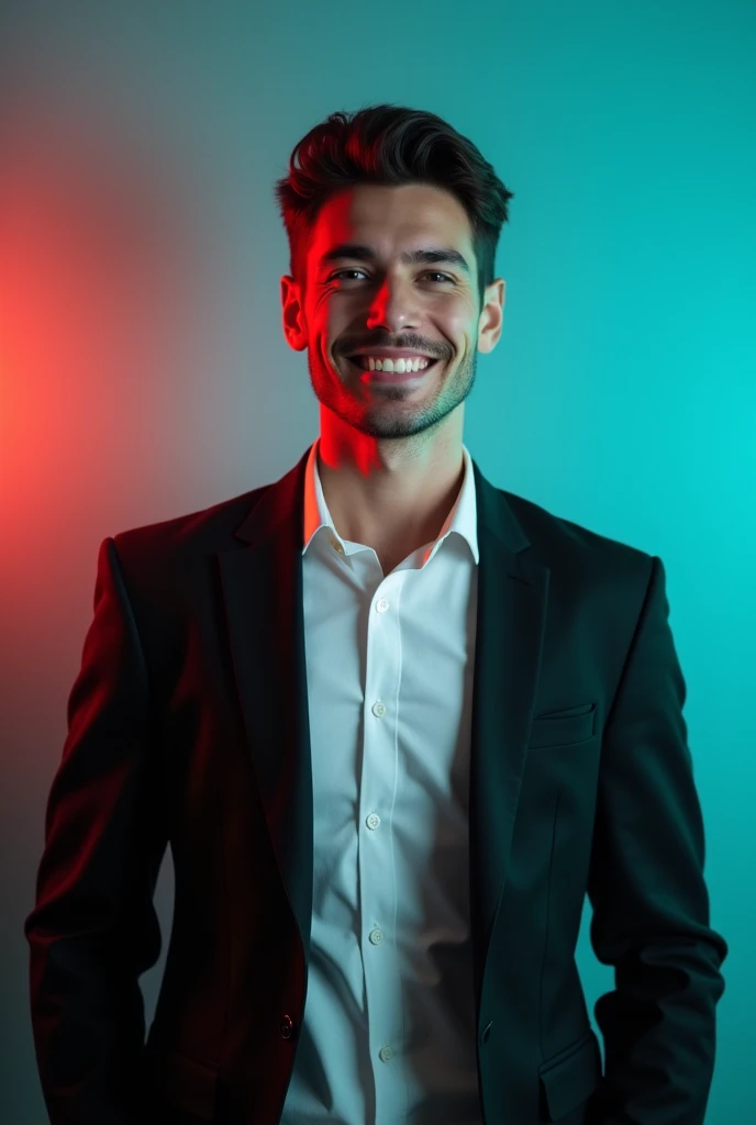 A young man with dark hair anda confident smile.
He is dressed in a black blazer over a white shirt.
The man is positioned against aqua colour
backdrop with a subtle red lighting on the left
side. and he posing for Linkedin profile