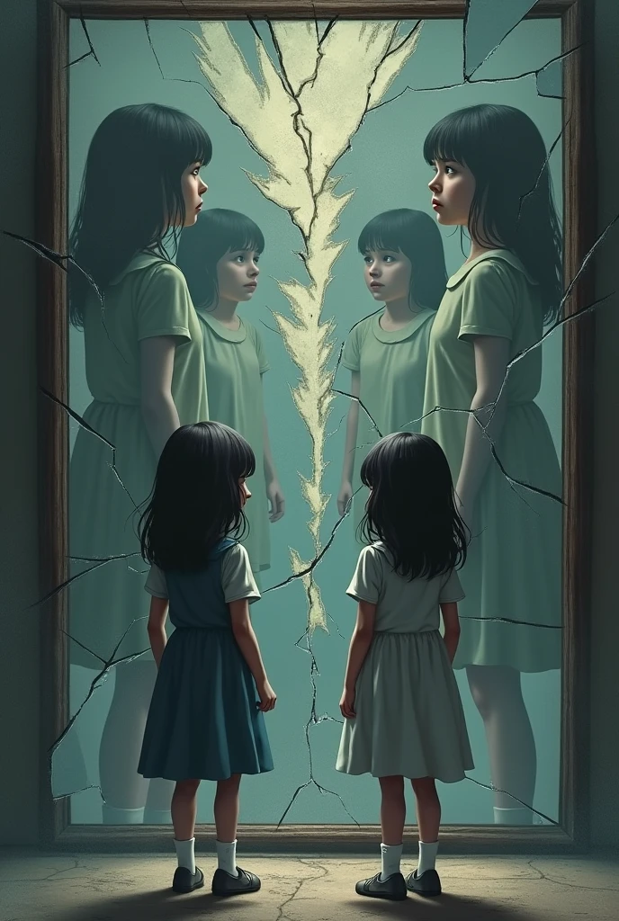 Prompt 3: A symbolic scene of a 2 girl standing in front of a cracked mirror, seeing multiple fragmented reflections of herself, each one looking more distorted than the last, symbolizing her fractured sense of self.
