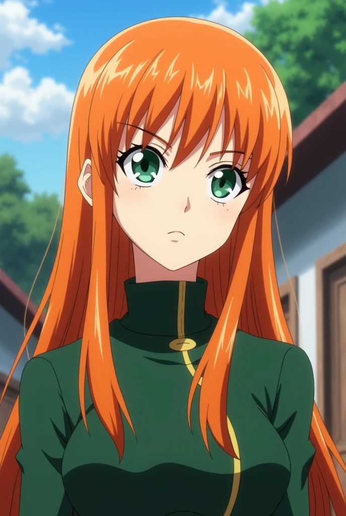 Screenshot Boku no hero academia,
Pretty Young Woman.
long straight natural orange hair natural green slanted eyes serious full body