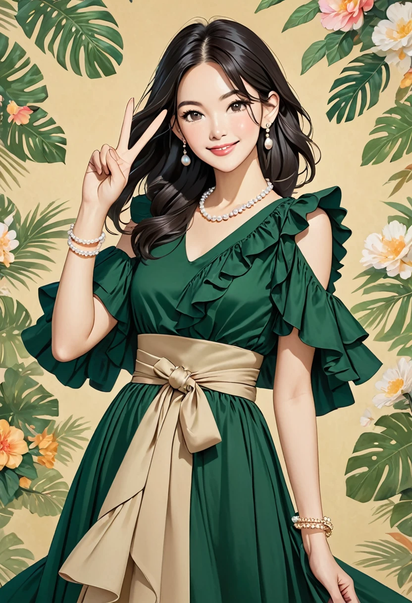 The image shows a person wearing a dark green dress with a sash tied at the waist. The dress features a ruffled overlay around the shoulders. The person has long, dark hair and is making a peace sign with both hands. The background is a solid beige color, and the person is also wearing pearl earrings and a thin bracelet.