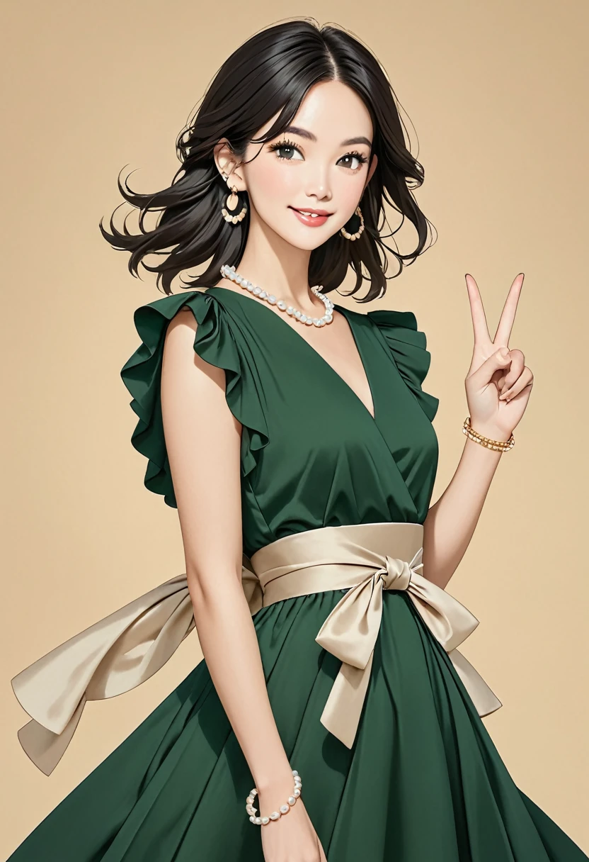 The image shows a person wearing a dark green dress with a sash tied at the waist. The dress features a ruffled overlay around the shoulders. The person has long, dark hair and is making a peace sign with both hands. The background is a solid beige color, and the person is also wearing pearl earrings and a thin bracelet.