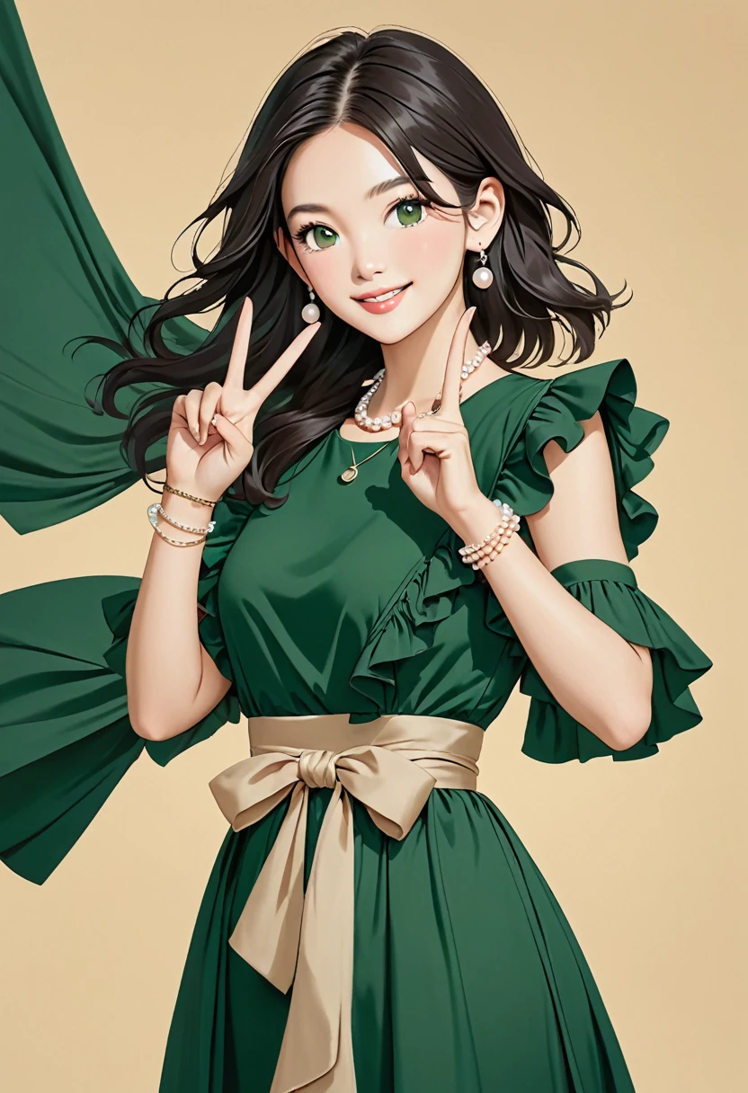 The image shows a person wearing a dark green dress with a sash tied at the waist. The dress features a ruffled overlay around the shoulders. The person has long, dark hair and is making a peace sign with both hands. The background is a solid beige color, and the person is also wearing pearl earrings and a thin bracelet.