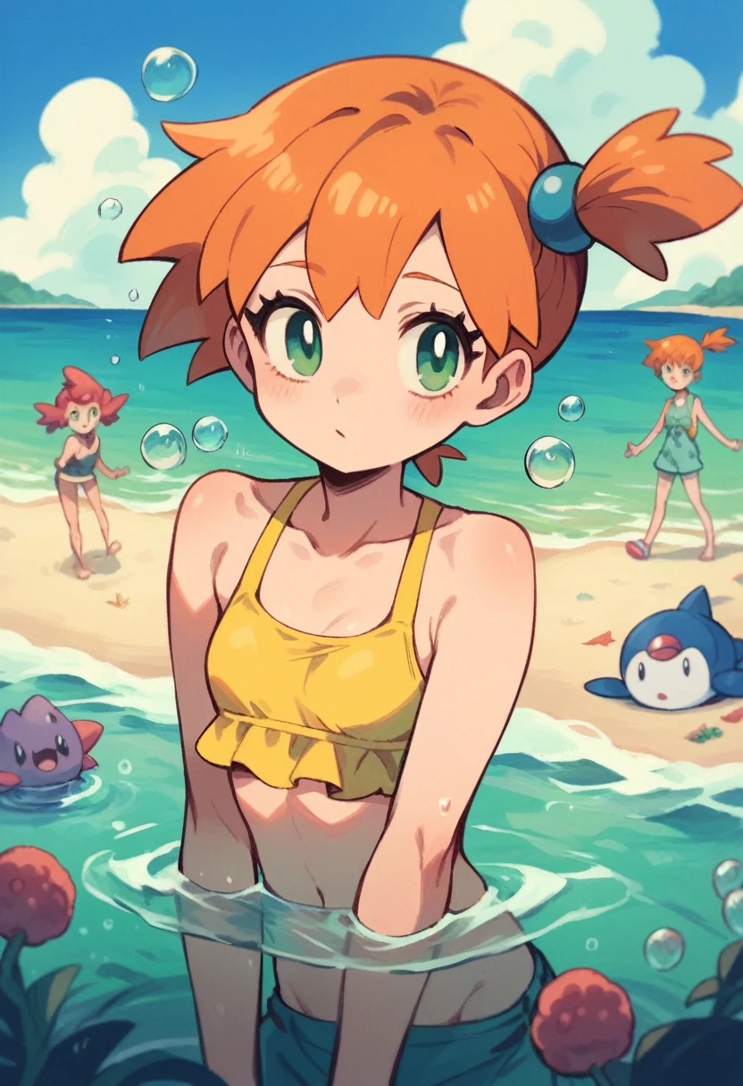 Misty_pokemon , Berry Short,Orange Hair, one side up hair ,Big green eyes,Small breasts,Skinny . Starmie , Pokemon, water , bubble, cute , Beauty girl , fresh , dive . Enjoy, beach, summer 
