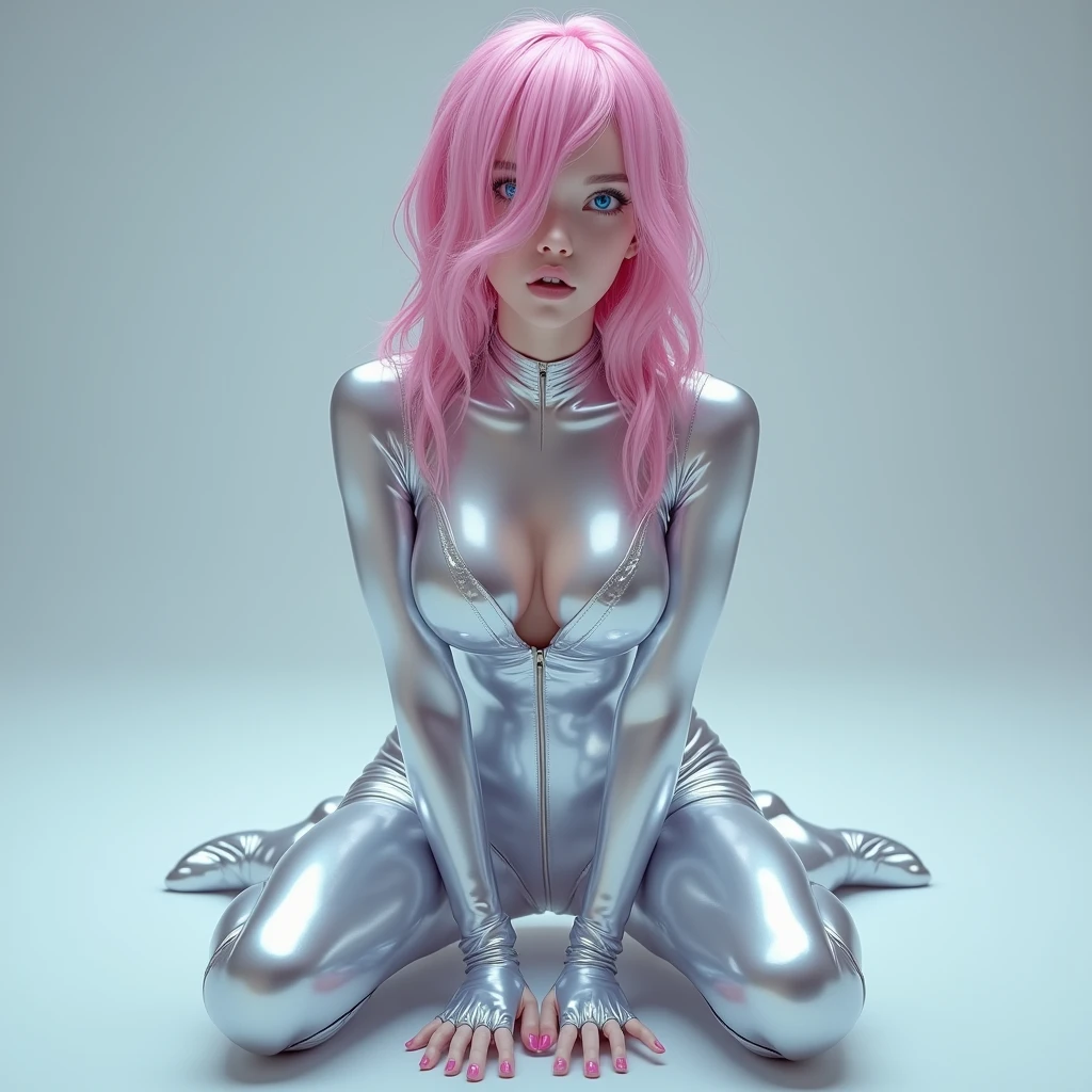mulher 30anos de frente de pé meia calça plástica transparente branca , bright blue eyes, long pink hair, orgasm, open eyesHighly detailed CG Unity 8K wallpaper front、highest quality、super detailed、masterpiece、realistic、Photorealistic highly detailed 、(pixie cut hair:1.5),(2)、close your mouth、blush、round idium chest、(Silver Latex Jumpsuit,hollow on,holt color, latex shiny,perfect fit,sweat legs,, Atsuko Kudo wearing latex costume, wearing a tight suit, uit, wear latex, shiny plastic, shiny シルバー metallic glossy skin, glow color, latex costume, chrome bodysuit, Cyberpunk shiny latex suit, shiny, Futuristic shiny latex suit,:1.5)、(squat, spread your legs,camel toe)