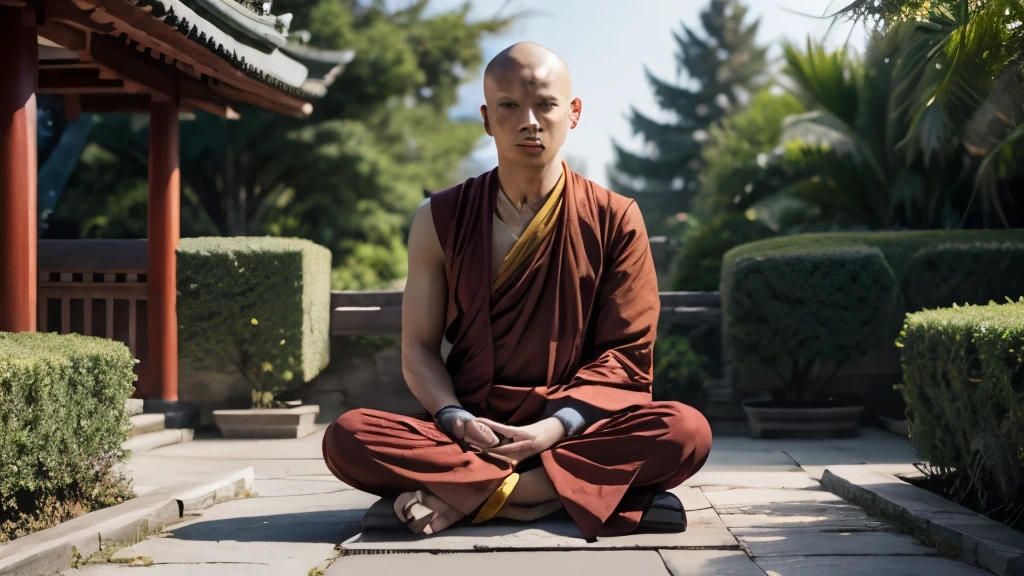 Handsome buddhist Monk sitting in Charo in garden temple