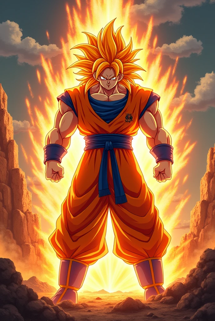 Broly dans Dragon ball, cheveux orange , aura de couleur orange, très grand