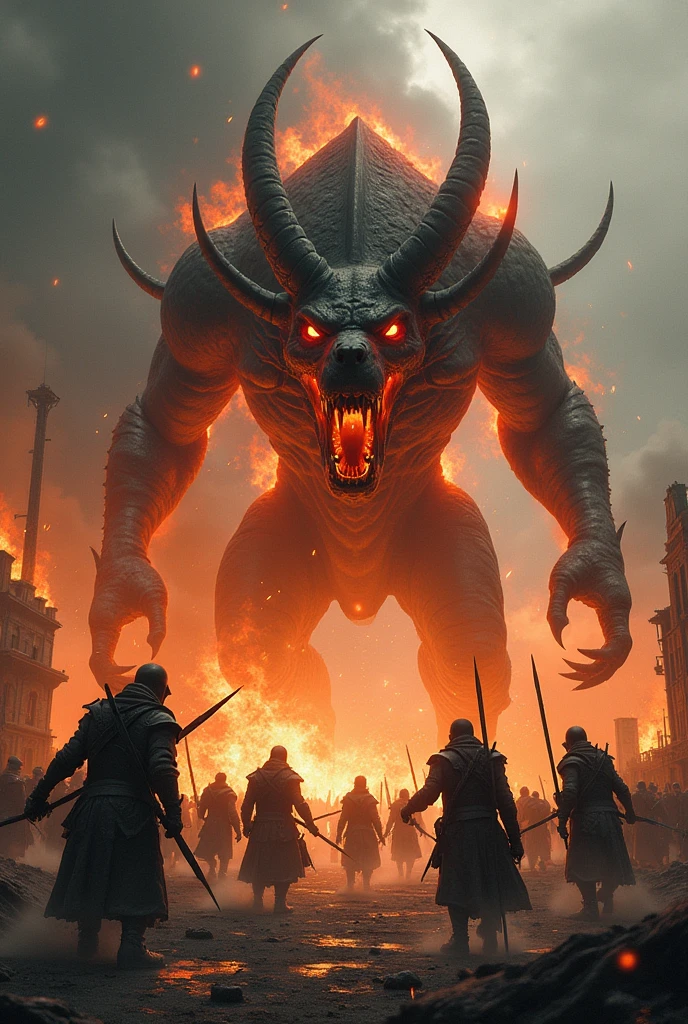 Soldiers fighting a giant 4-headed fire hellhound