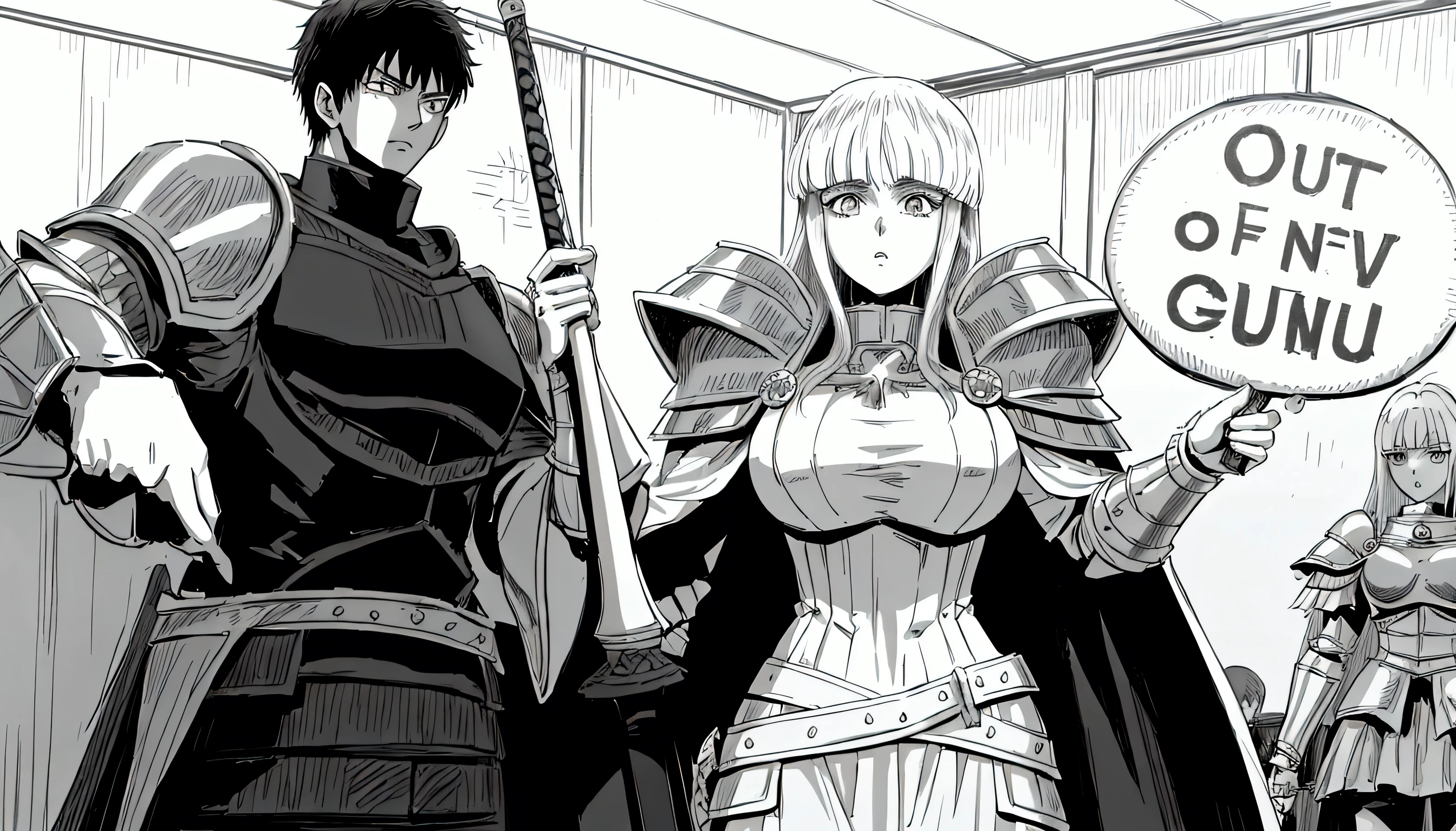 anime characters are standing in a room with a sign that says out of my guild, in berserk manga, from berserk, berserk style, black and white manga panel, castle scene manga, holding a sword on her shoulder, berserk manga, but the armor covers her face, berserk guts, black and white manga page, berserk skullknight black armor