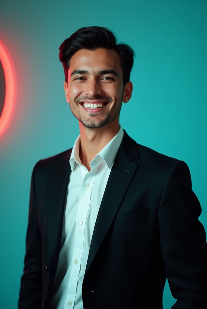 A young man with dark hair anda confident smile.
He is dressed in a black blazer over a white shirt.
The man is positioned against aqua colour
backdrop with a subtle red lighting on the left
side. and he posing for Linkedin profile