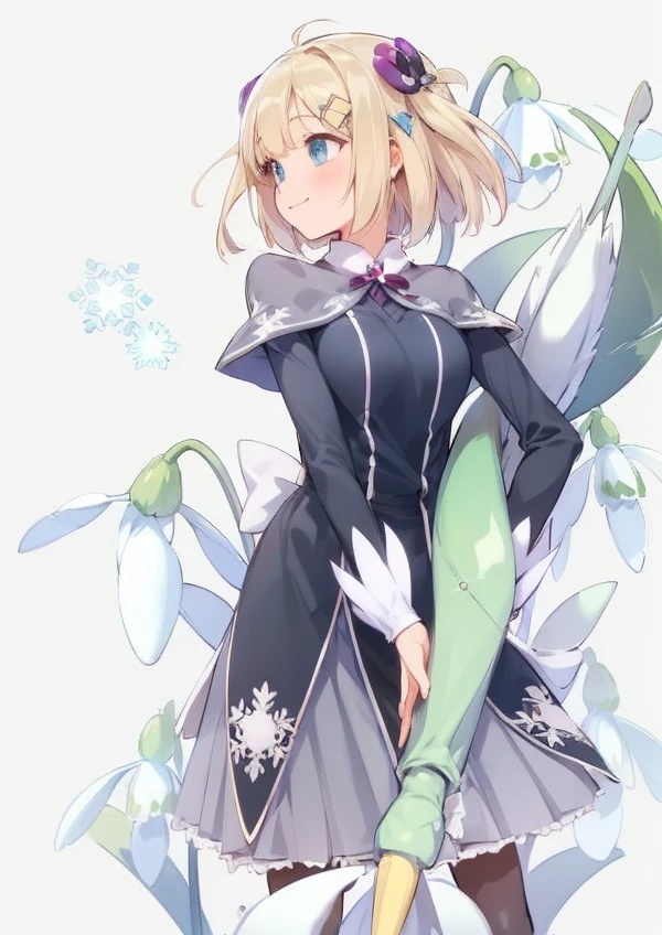 Greenish blonde Blue Eyes Short Bob Hair Thin twin tails Girl Ahoge Baby Face Black flower hair clip Snowdrops clear Beautiful breasts Snow Country Black and purple sweater Grey Skirt Grey Cape Black Stockings Wear warm clothes smile