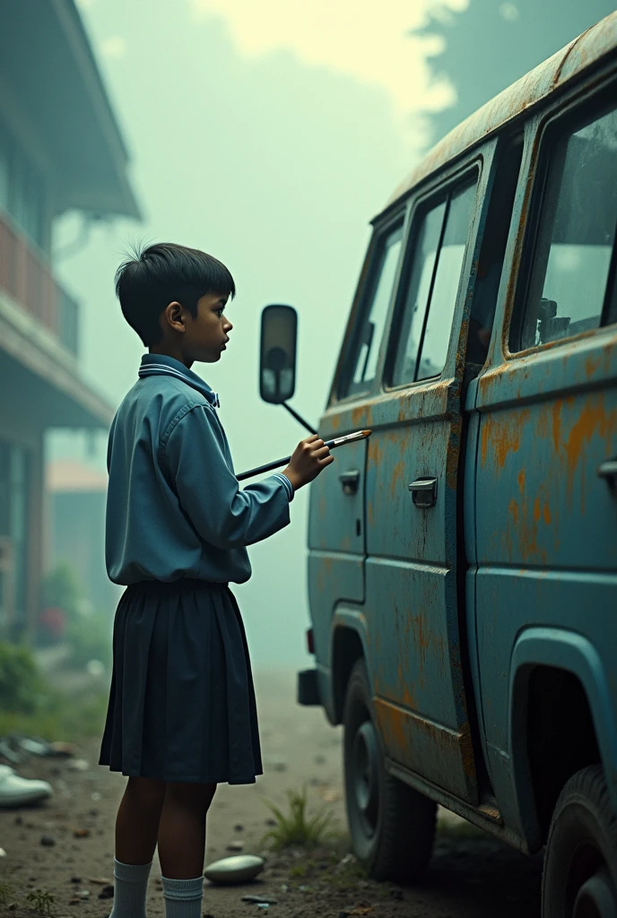 cinematic, photorealistic film poster of a cinematic, photorealistic film poster of boy in his school dress applying paint brush on an old maruti Indian Van, early morning, light mist, Darjeeling