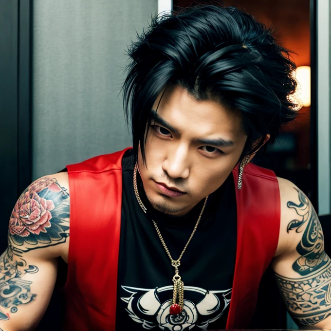 1 man, Japanese man, male, Asian eyes, muscular, broad shoulders, yakuza tattoos, hairstyle Visual Kei style, hair Visual Kei, black men's shirt and black pants, ultra detailed face, hyperrealistic, realistic representation, long hair, long hair, 30 years old, age 30 years, blonde hair