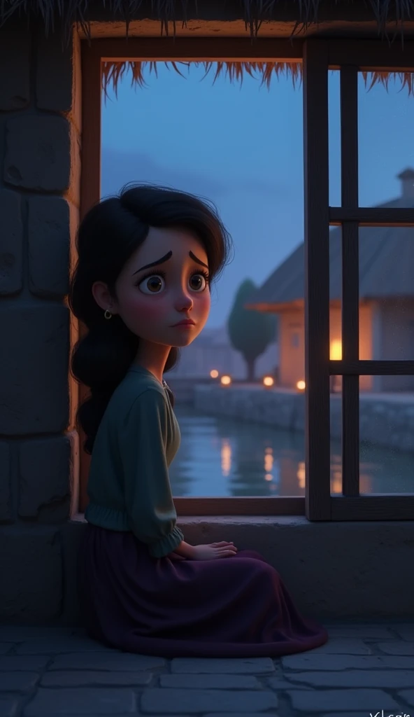 Disney Pixar Animated Family A small, quiet village situated on the shores of the Sea of Galilee, with simple stone houses and thatched roofs. In one of the houses, Miriam, A woman with a sad face marked by loss, She is sitting alone by a window. From the window you can see the sea, calm but eternal, reminding her of the tragedy that took her away from the world. The evening light dimly illuminates the room, creating an atmosphere of melancholy and isolation