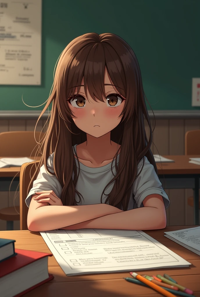 One with long brown hair looking at a classroom table where there is a test